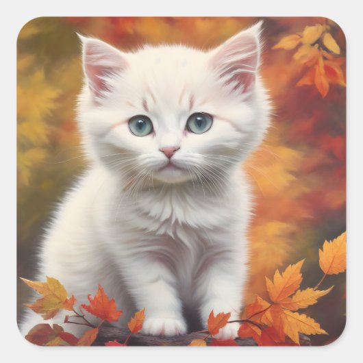 Sticker Carré Blanc Kitten Automne Feuilles Portrait (Devant)