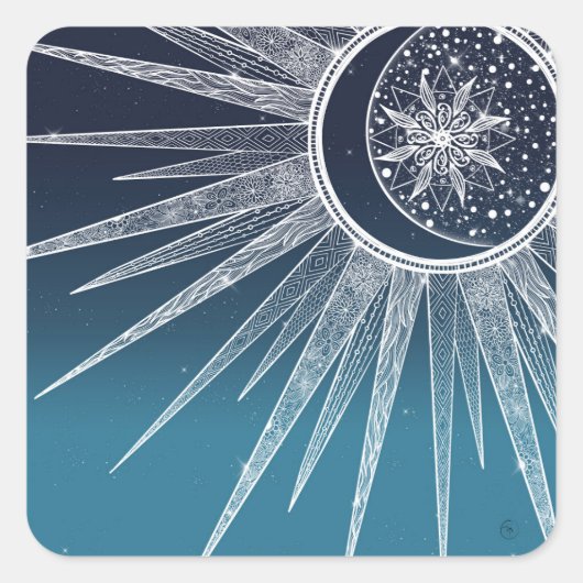 Sticker Carré Blanc Sun Moon Mandala Blue Gradient Design (Devant)