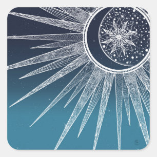 Sticker Carré Blanc Sun Moon Mandala Blue Gradient Design