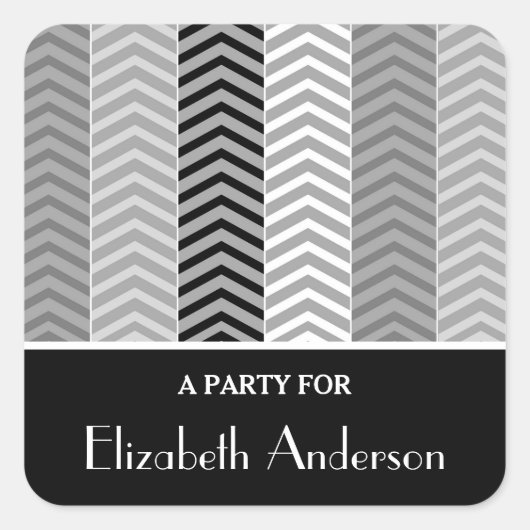 Sticker Carré Blancs de Chevron Noir Contemporain Stripes et Nom (Devant)