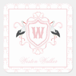 Sticker Carré Blason de monogramme d'arc de cigogne rose aquarel
