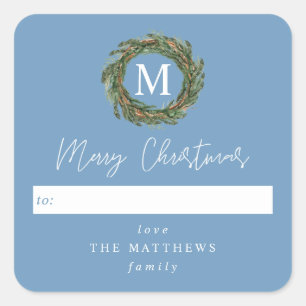 Sticker Carré Bleu à couronne Monogramme Joyeux Noël
