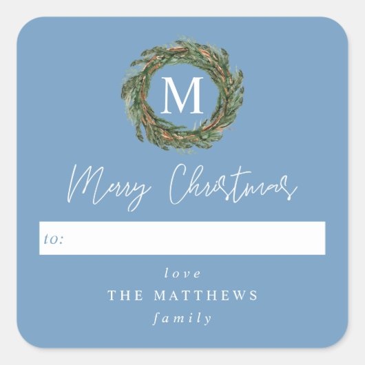 Sticker Carré Bleu à couronne Monogramme Joyeux Noël (Devant)
