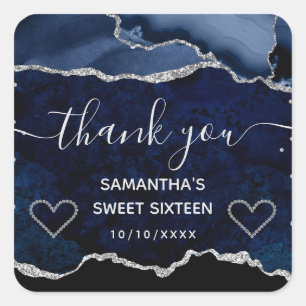 Sticker Carré Bleu & Argent Paillettes Marbre Agate Douce 16