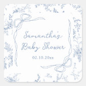 Sticker Carré Bleu Baby shower Floral Bow (Devant)
