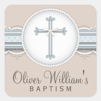 Sticker Carré Bleu bébé | Croix de célébration religieuse beige