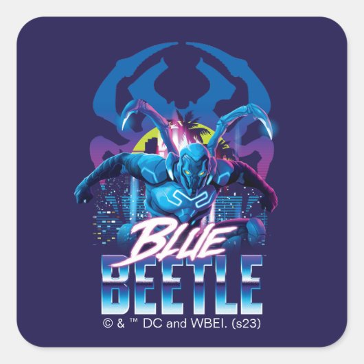 Sticker Carré Bleu Beetle Rétrowave Ville coucher du soleil (Devant)
