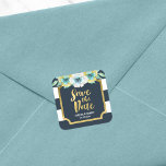 Sticker Carré Bleu Blanc & Faux Or Floral Enregistrer la date<br><div class="desc">Cet autocollant Save the Date carré présente une bordure en faux or, des rayures bleues et blanches et une belle aquarelle florale. Utilisez-le pour sceller vos enveloppes Save the Date ou pour la décoration. Consultez l'invitation Enregistrer la date correspondante dans mon magasin ici -> http://www.zazzle.com/blue_and_faux_gold_floral_save_the_date_invitation-256244022793321740?rf=238364477188679314 Personnalisez-la en remplaçant le texte...</div>