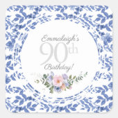 Sticker Carré Bleu Blanc Floral Anniversaire (Devant)