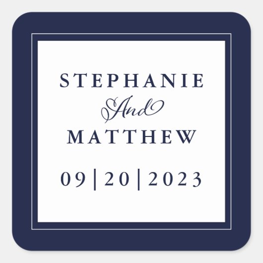 Sticker Carré Bleu Blanc Mariage Élégante Calligraphie Chic Cadr (Devant)