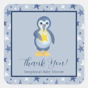 Sticker Carré Bleu Blanc Penguin étoiles Baby shower Merci