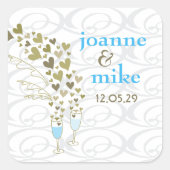 Sticker Carré Bleu Champagne Cheers & Gold Hearts Mariage chic (Devant)
