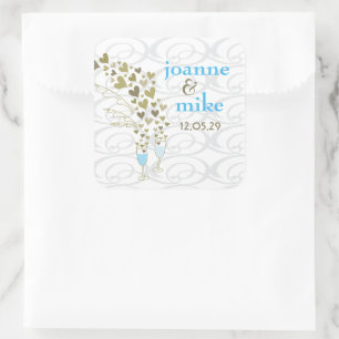 Sticker Carré Bleu Champagne Cheers & Gold Hearts Mariage chic