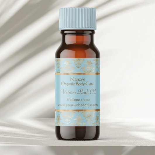 Sticker Carré Bleu clair et feuille d'or damask cosmétiques étiq