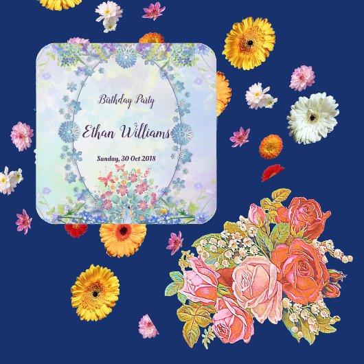 Sticker Carré Bleu doux Pastel Hydrangea Violet Oval Anniversair