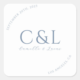 Sticker Carré Bleu Dusty minimum mariage classique rond autocoll