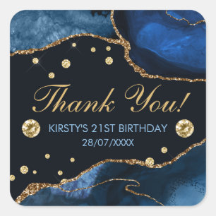 Sticker Carré Bleu et paillettes de faux or Agate Anniversaire