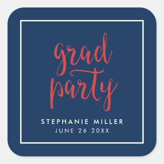 Sticker Carré Bleu et rouge Script Grad Party (Devant)
