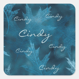 Sticker Carré Bleu Feuilles chatoyants avec un nom Scripty répét