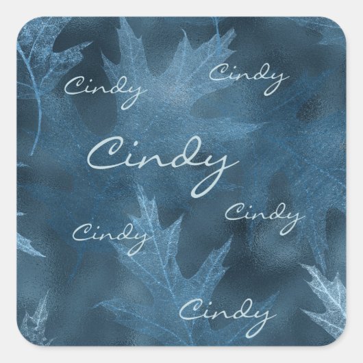 Sticker Carré Bleu Feuilles chatoyants avec un nom Scripty répét (Devant)