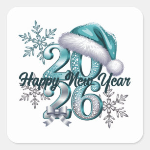 Sticker Carré Bleu Glacé 2026 avec Chapeau de Père Noël et Floco