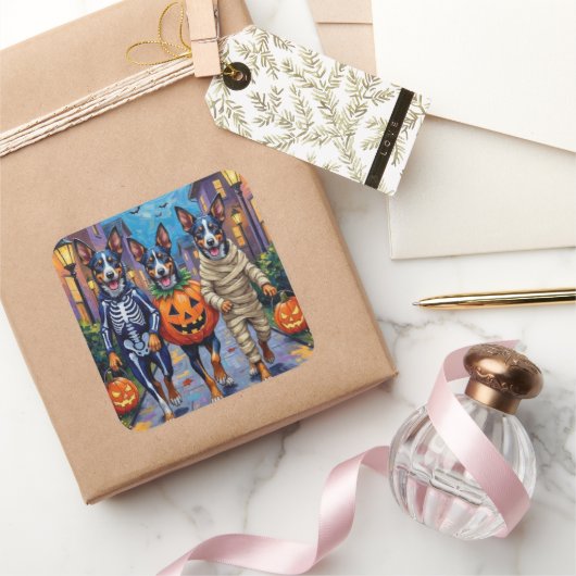 Sticker Carré Bleu Heeler Chiens Trick-or-Treating in Halloween (Cadeaux)