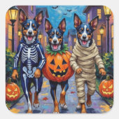 Sticker Carré Bleu Heeler Chiens Trick-or-Treating in Halloween (Devant)