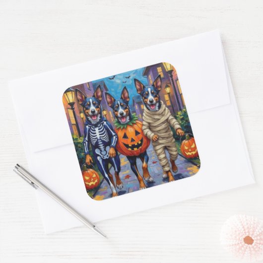 Sticker Carré Bleu Heeler Chiens Trick-or-Treating in Halloween (Enveloppe)