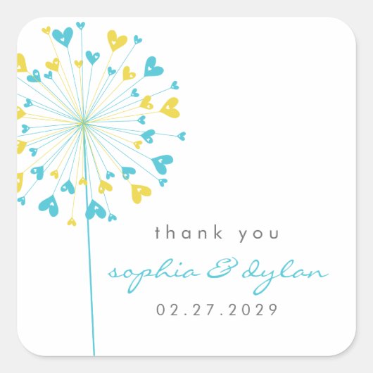 Sticker Carré Bleu & Jaune Dandelion Fleur Amour Coeurs Mariage (Devant)