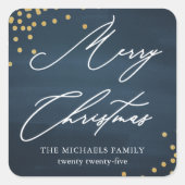 Sticker Carré Bleu Joyeux Noël Élégant Script avec Faux Gold (Devant)