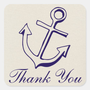 Sticker Carré Bleu Marine Ancre Marron Merci Mariage Nautique