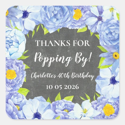 Sticker Carré Bleu Merci pour la balise Popping By Birthday (Devant)