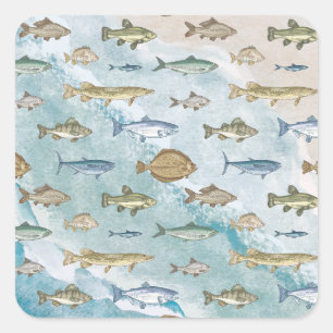 Sticker Carré Bleu Océan Nautique Poissons