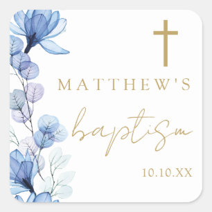 Sticker Carré Bleu Poussière Élégant Moderne Floral Baptême