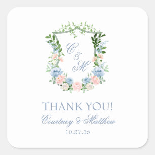 Sticker Carré Bleu Poussiéreux Couronne Florale Merci