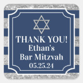 Sticker Carré Bleu, remerciements de Bar Mitzvah rayé gris (Devant)