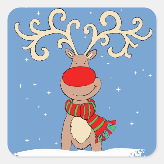 sticker carré bleu renne à nez rouge de Noël (Devant)