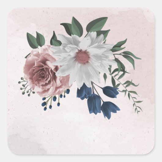 Sticker Carré bleu rose blanc vert fleuri mariage (Devant)