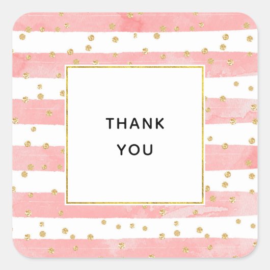 Sticker Carré Bleu rose | Faux Gold Confetti Merci (Devant)