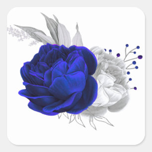 Sticker Carré bleu royal et fleurs d'argent blanc