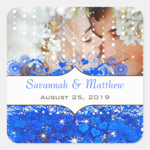 Sticker Carré Bleu Royal Votre Photo Cœur Feuille Romantique