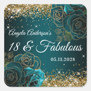 Sticker Carré Bleu Sarcelle Floral Pailleté Or Glam 18 et Fabule
