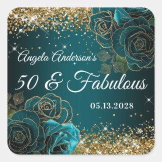 Sticker Carré Bleu Sarcelle Floral Pailleté Or Glam 50 & Fabuleu