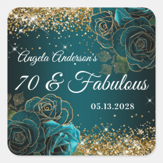 Sticker Carré Bleu Sarcelle Floral Pailleté Or Glam 70 & Fabuleu