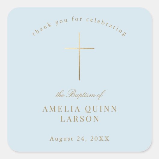 Sticker Carré Bleu Simple Elegant Croix Or Baptême Christening (Devant)