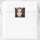 Sticker Carré Bleu teint Brunette Anime Girl (Sac)