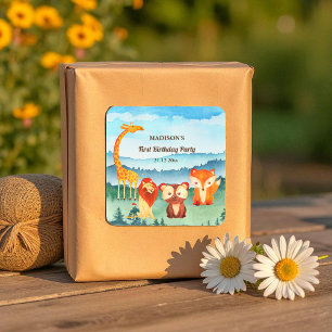 Sticker Carré Bleu Vert Anniversaire Bois Animaux