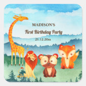 Sticker Carré Bleu Vert Anniversaire Bois Animaux (Devant)