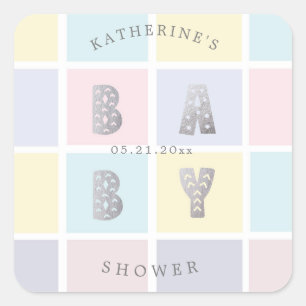 Sticker Carré bloc de couleur pastel baby shower argent