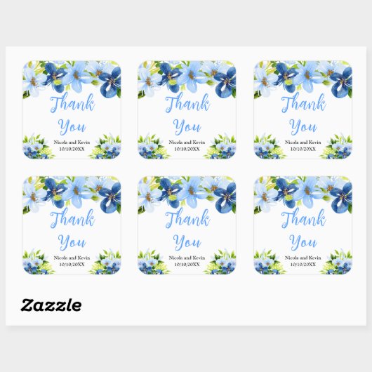 Sticker Carré Blue and Navy Flowers with Foliage (Feuille)